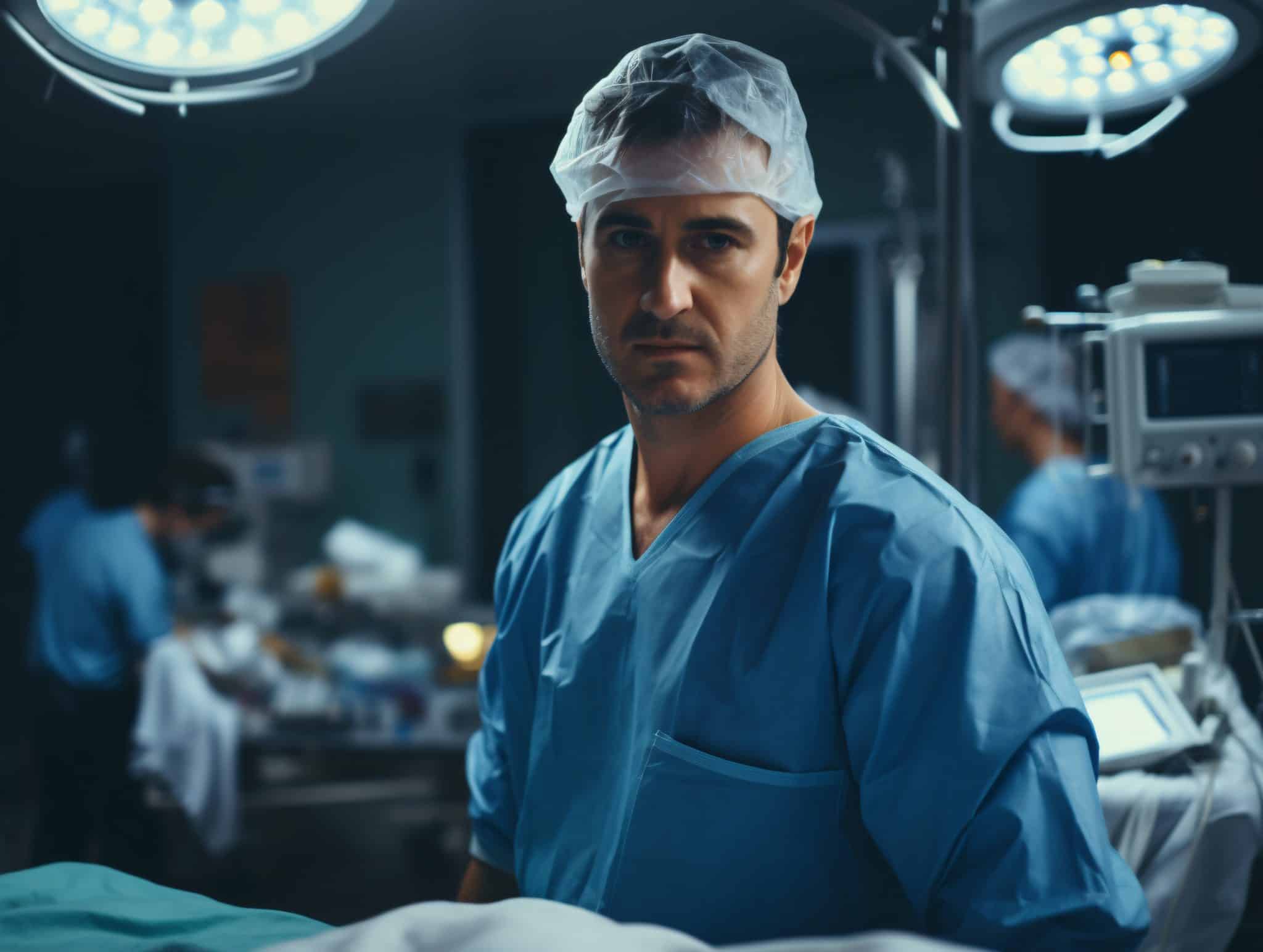 Médico em centro cirúrgico, usando roupa azul e touca, representando investigação e condução clínica de massas mediastinas.